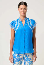 Thalassa Embroidered Silk Cotton Flutter Sleeve Top in Blue Topaz