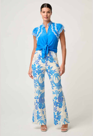 Thalassa Embroidered Silk Cotton Flutter Sleeve Top in Blue Topaz