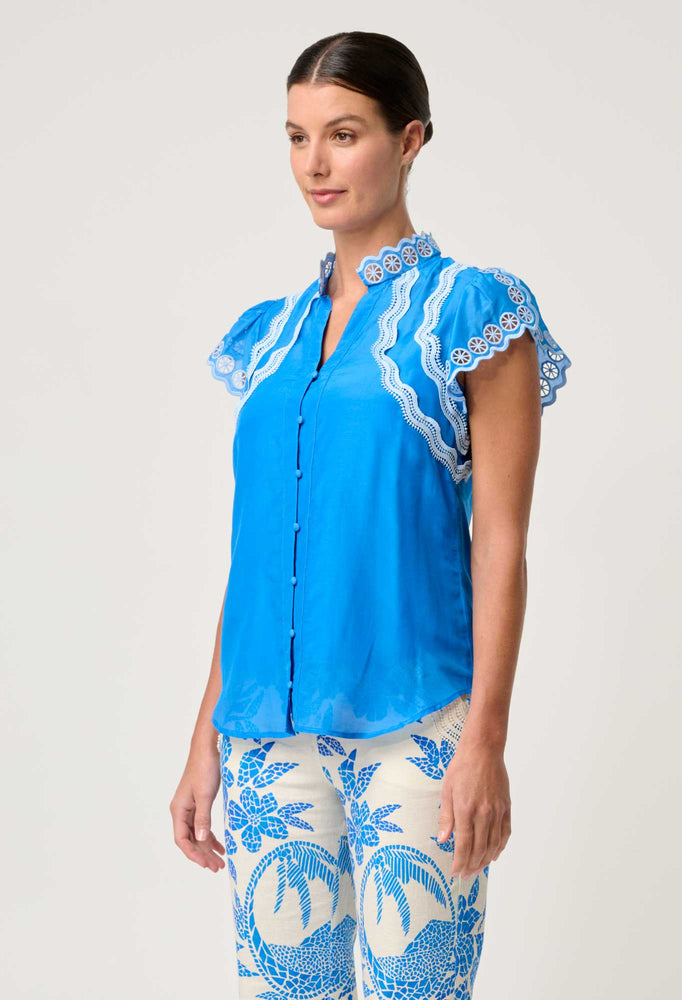 Thalassa Embroidered Silk Cotton Flutter Sleeve Top in Blue Topaz