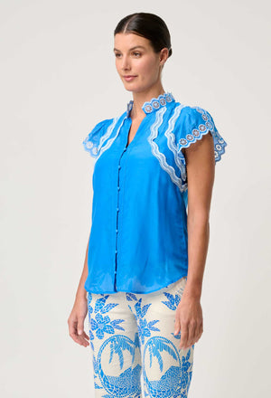 Thalassa Embroidered Silk Cotton Flutter Sleeve Top in Blue Topaz