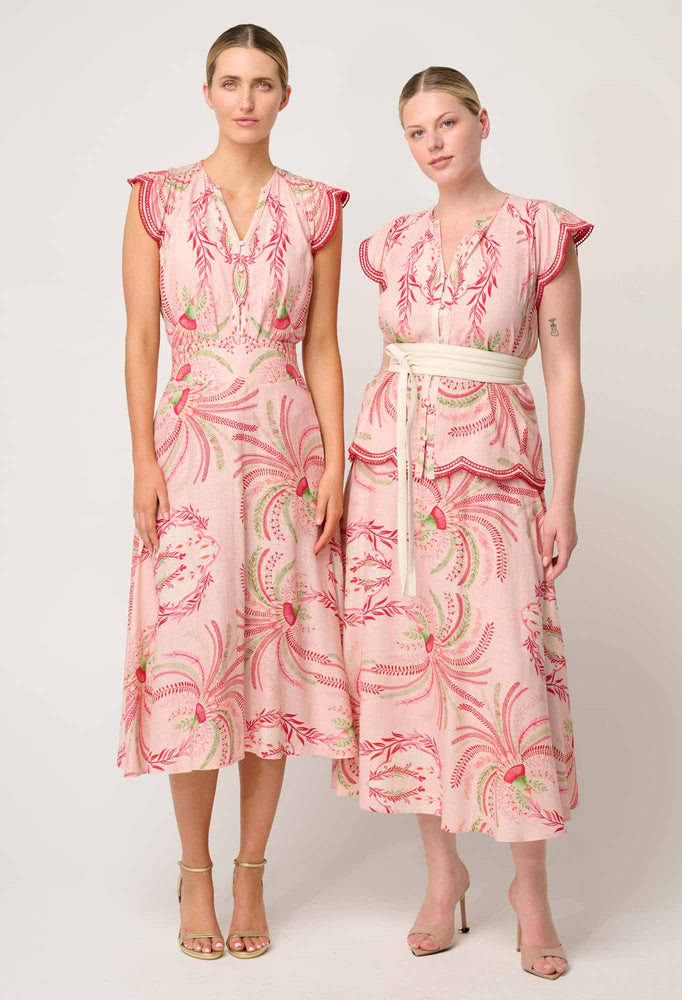 Aseel Linen Viscose Flutter Sleeve Scallop Embroidered Top