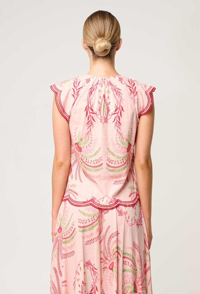 Aseel Linen Viscose Flutter Sleeve Scallop Embroidered Top