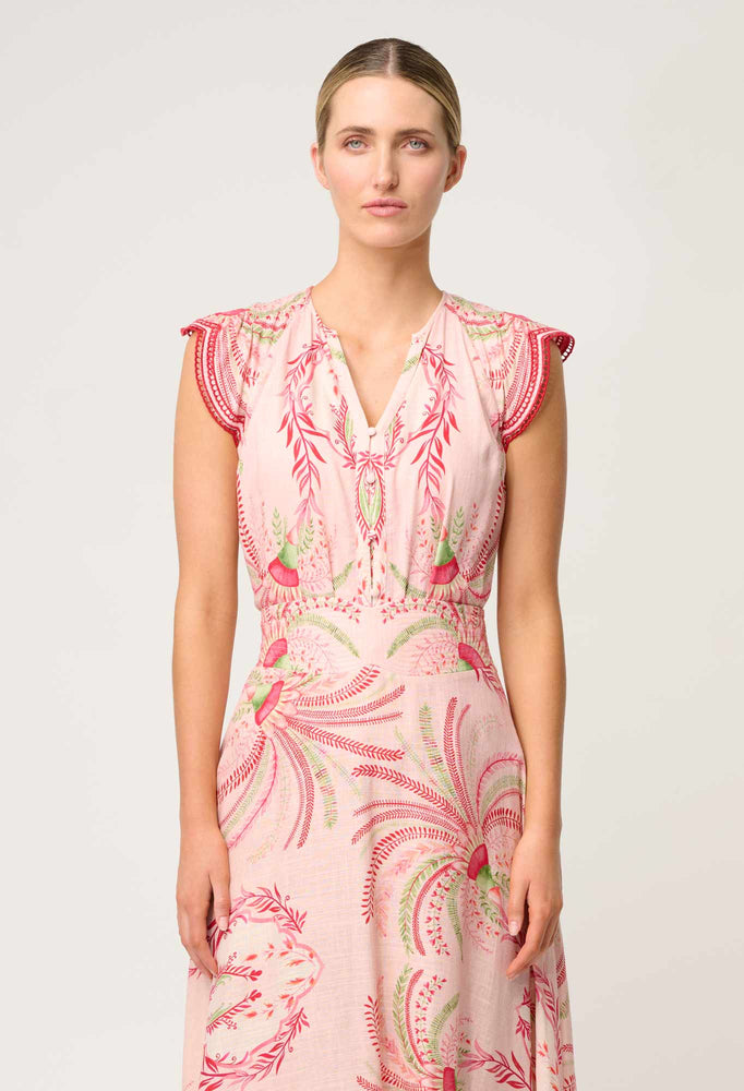 Aseel Linen Viscose Flutter Sleeve Scallop Embroidered Top