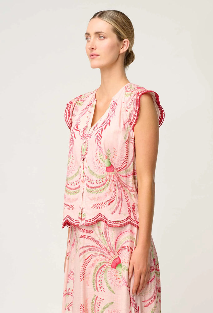 Aseel Linen Viscose Flutter Sleeve Scallop Embroidered Top