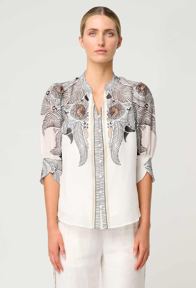 Leila Silk Cotton Placement Print Curved Collar Shirt