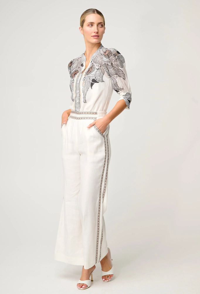 Leila Silk Cotton Placement Print Curved Collar Shirt