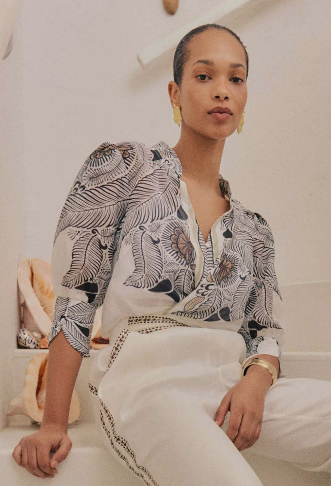 Leila Silk Cotton Placement Print Curved Collar Shirt