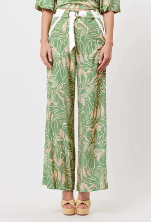 Grace Linen Contrast Trim Wide Leg Pant - Jungle Tropico