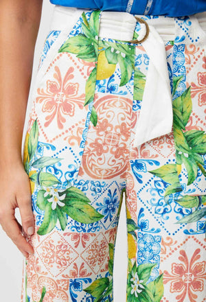 Grace Linen Viscose Contrast Trim Pant with Belt - Limonata Print