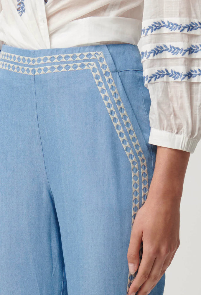 OPHELIA TENCEL PLACEMENT EMBROIDERED PANT - CORNFLOWER