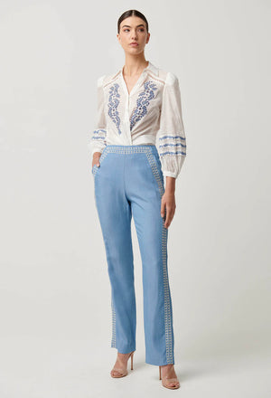 OPHELIA TENCEL PLACEMENT EMBROIDERED PANT - CORNFLOWER