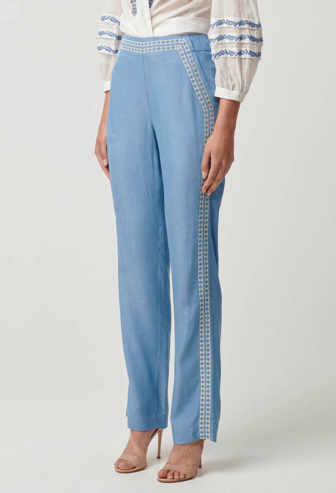 OPHELIA TENCEL PLACEMENT EMBROIDERED PANT - CORNFLOWER