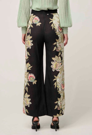 MERIDA PLACEMENT CONTRAST TRIM PLEATED WAIST LINEN VISCOSE PANT