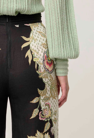 MERIDA PLACEMENT CONTRAST TRIM PLEATED WAIST LINEN VISCOSE PANT
