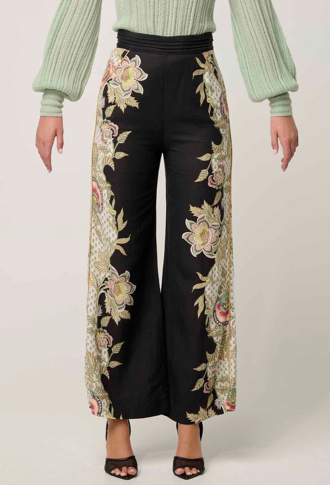 MERIDA PLACEMENT CONTRAST TRIM PLEATED WAIST LINEN VISCOSE PANT