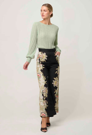 MERIDA PLACEMENT CONTRAST TRIM PLEATED WAIST LINEN VISCOSE PANT