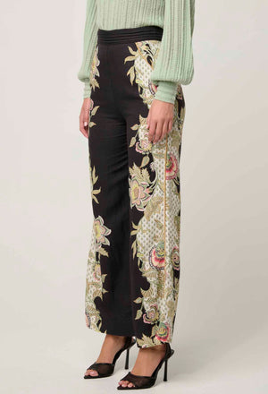 MERIDA PLACEMENT CONTRAST TRIM PLEATED WAIST LINEN VISCOSE PANT