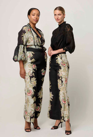 MERIDA PLACEMENT CONTRAST TRIM PLEATED WAIST LINEN VISCOSE PANT