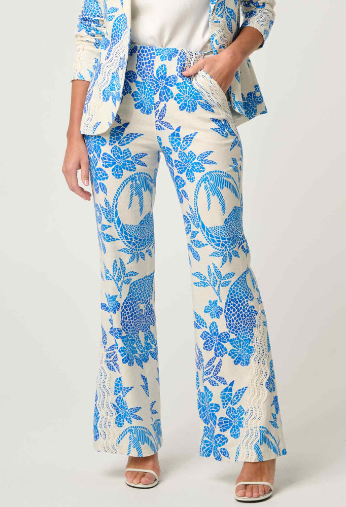 Leandro Contrast Lace Linen Viscose Stretch Pant in Azure Mosaic