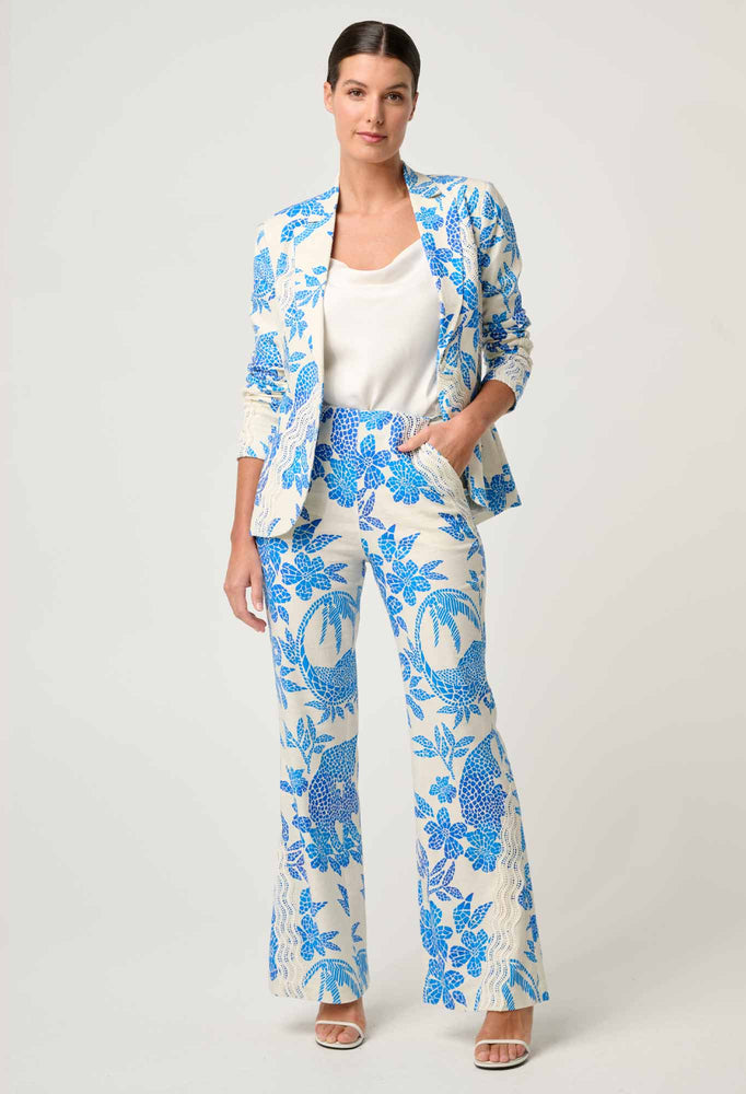 Leandro Contrast Lace Linen Viscose Stretch Pant in Azure Mosaic
