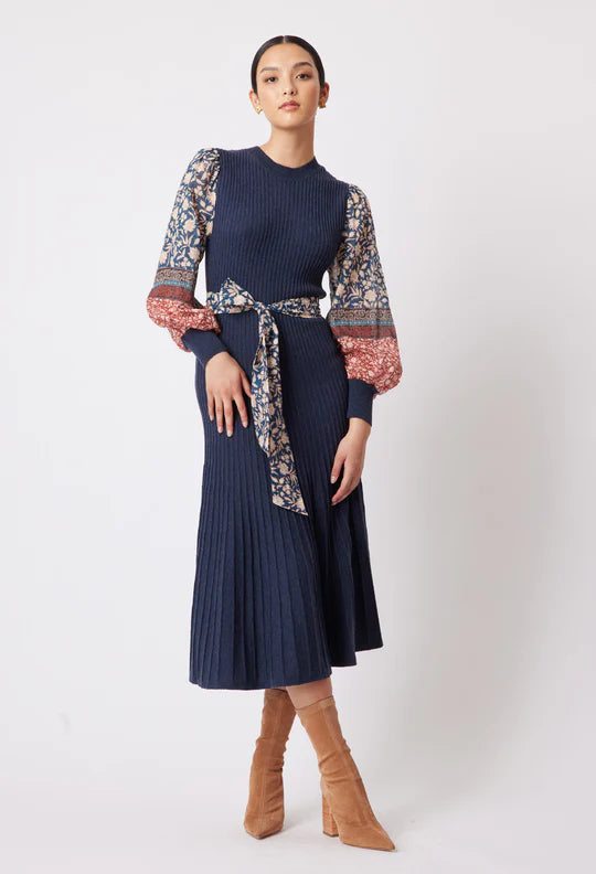 Chiara Cotton/Silk  Merino Wool Knit Dress -Navy/Loom