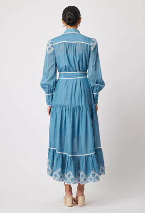 Tallitha Cotton Silk Embroidered Binding Detail Shirt Dress - Aegan Blue