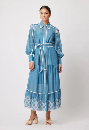Tallitha Cotton Silk Embroidered Binding Detail Shirt Dress - Aegan Blue