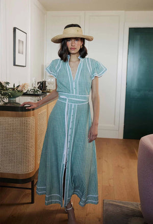 
            
                Load image into Gallery viewer, Panama Viscose Linen Binding Detail Flutter Sleeve Maxi Dress - Capri Stripe
            
        