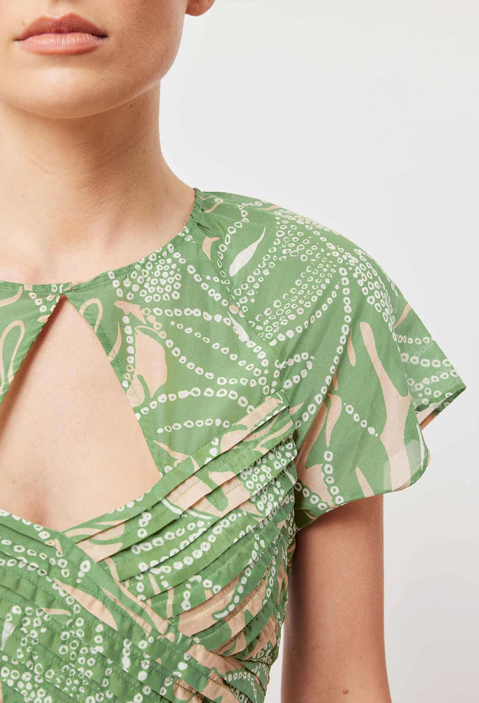 Rio Cotton Silk Pleat Bodice Flutter Sleeve Midi Dress - Jungle Tropico