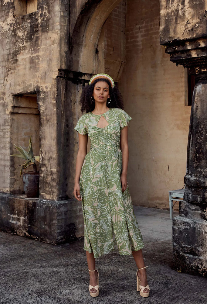 Rio Cotton Silk Pleat Bodice Flutter Sleeve Midi Dress - Jungle Tropico