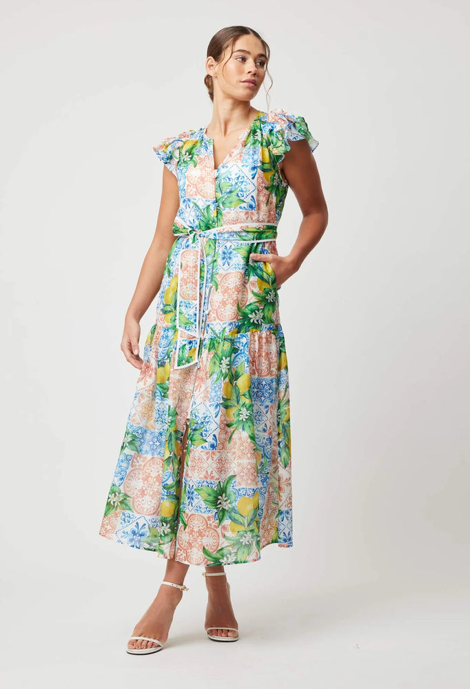 Paradiso Cotton Silk Ruffle Sleeve Button Through Dress - Limonata Print
