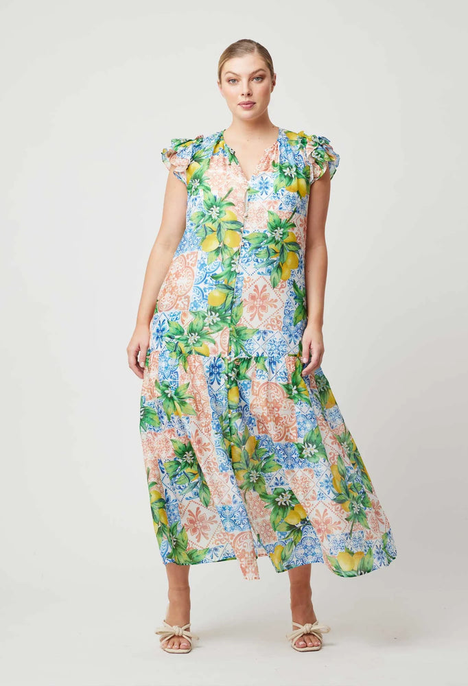 Paradiso Cotton Silk Ruffle Sleeve Button Through Dress - Limonata Print