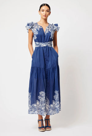 
            
                Load image into Gallery viewer, Paradiso Cotton Silk Ruffle Sleeve Button Through Dress                           -  Nautique Paisleye
            
        
