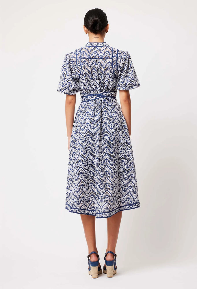 
            
                Load image into Gallery viewer, Delphine Embriodered Cotton Contrast Trim Button Through Midi Dress - Navy/White
            
        