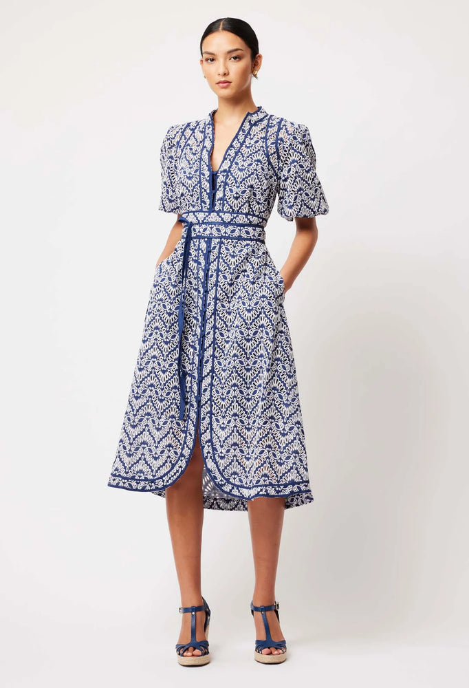 
            
                Load image into Gallery viewer, Delphine Embriodered Cotton Contrast Trim Button Through Midi Dress - Navy/White
            
        
