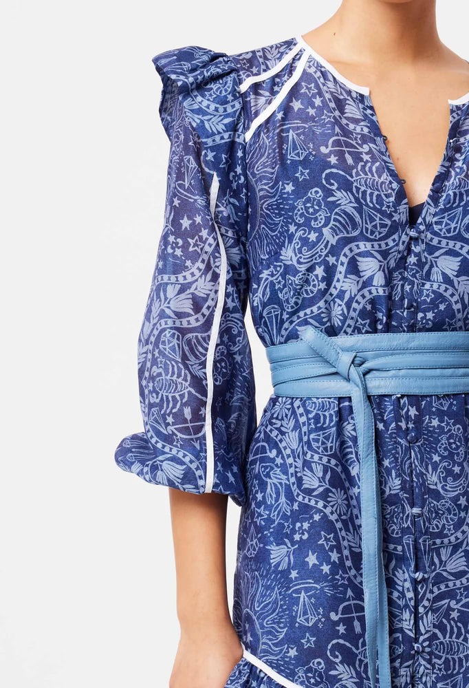 Astra Cotton Silk Contrast Binding Detail Frill Sleeve Dress - Zodiac Print