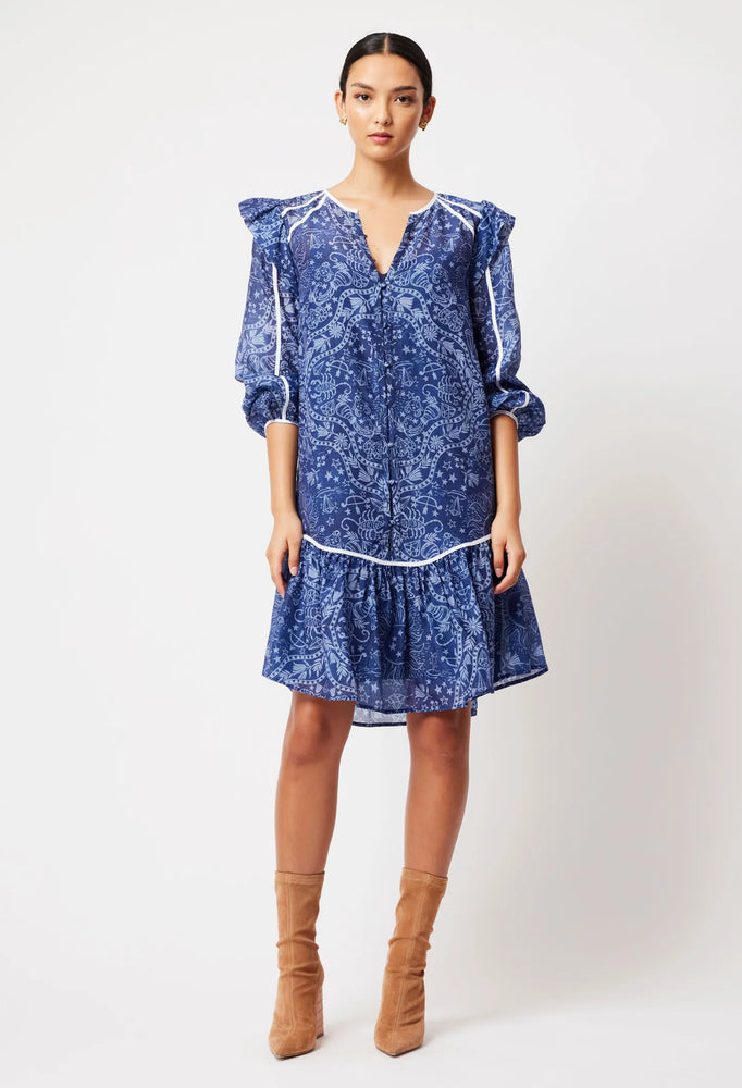 Astra Cotton Silk Contrast Binding Detail Frill Sleeve Dress - Zodiac Print