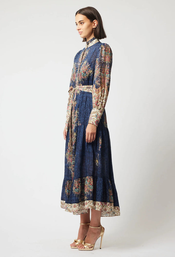 IMPERIAL COTTON SILK CONTRAST TRIM MAXI DRESS - ORITENTAL PRINT