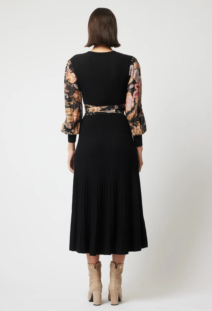 EMPRESS MERINO WOOL VISCOSE KNIT DRESS WITH COTTON SILK SLEEVES - BLACK/WINTER FORAL