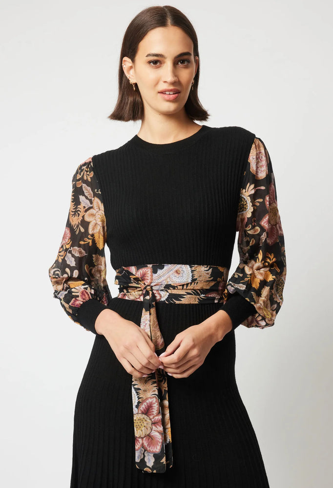 EMPRESS MERINO WOOL VISCOSE KNIT DRESS WITH COTTON SILK SLEEVES - BLACK/WINTER FORAL