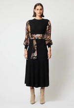 EMPRESS MERINO WOOL VISCOSE KNIT DRESS WITH COTTON SILK SLEEVES - BLACK/WINTER FORAL