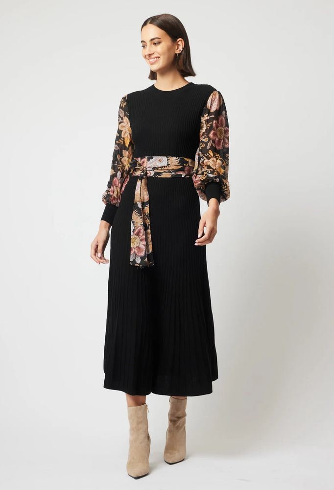 EMPRESS MERINO WOOL VISCOSE KNIT DRESS WITH COTTON SILK SLEEVES - BLACK/WINTER FORAL