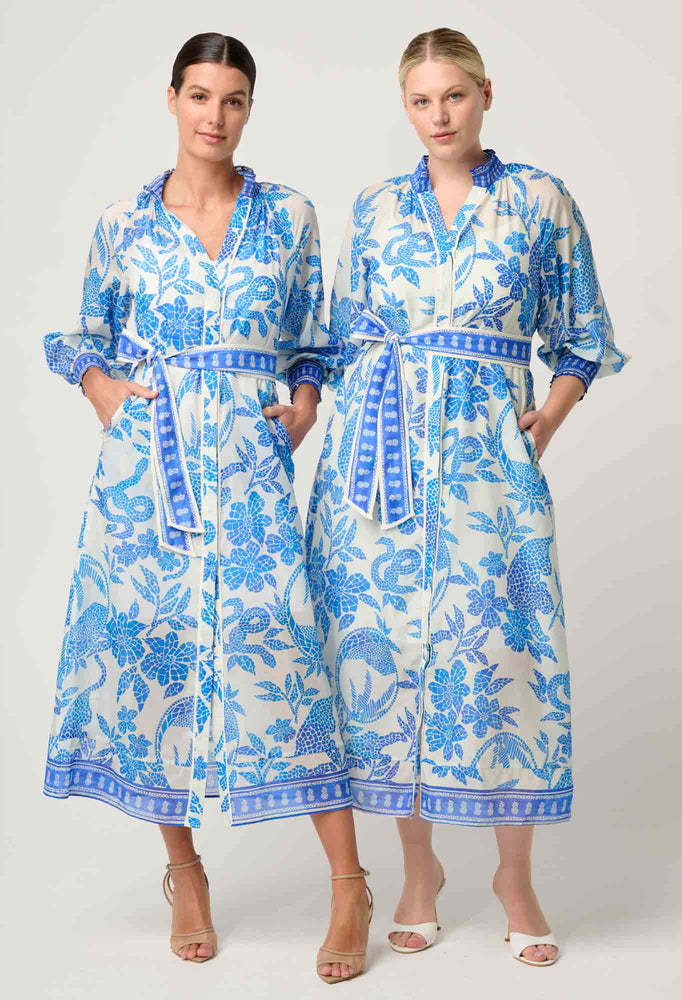 Carmen Silk Cotton Maxi Dress in Azure Mosaic