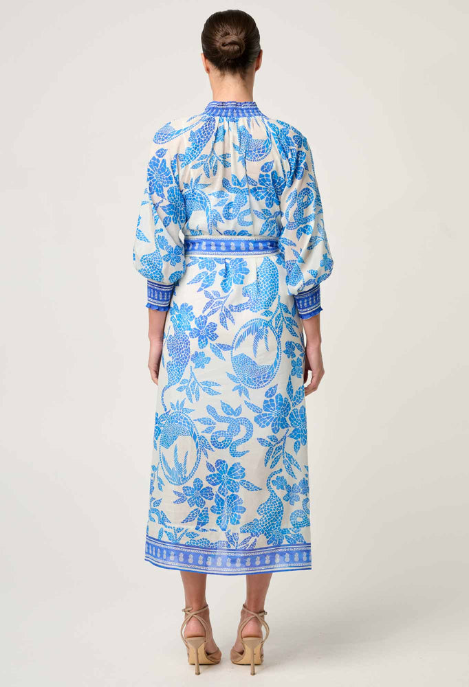 Carmen Silk Cotton Maxi Dress in Azure Mosaic