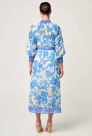 Carmen Silk Cotton Maxi Dress in Azure Mosaic