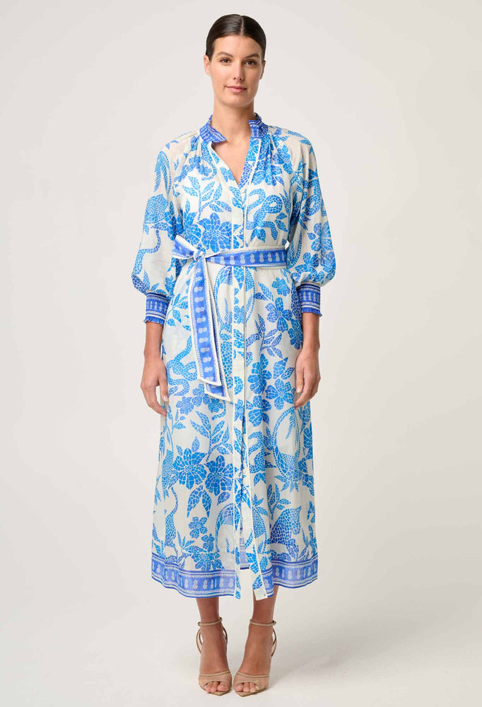 Carmen Silk Cotton Maxi Dress in Azure Mosaic
