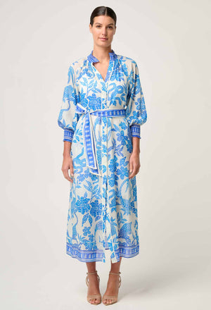 Carmen Silk Cotton Maxi Dress in Azure Mosaic