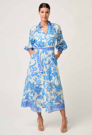 Carmen Silk Cotton Maxi Dress in Azure Mosaic