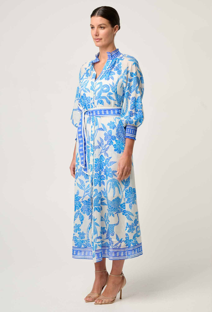 Carmen Silk Cotton Maxi Dress in Azure Mosaic