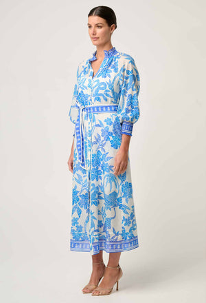 Carmen Silk Cotton Maxi Dress in Azure Mosaic